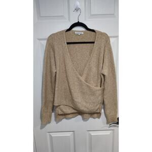 Tan Cotton Spandex V-Neck Crisscross Knit Sweater M Boho Western Casual Drape